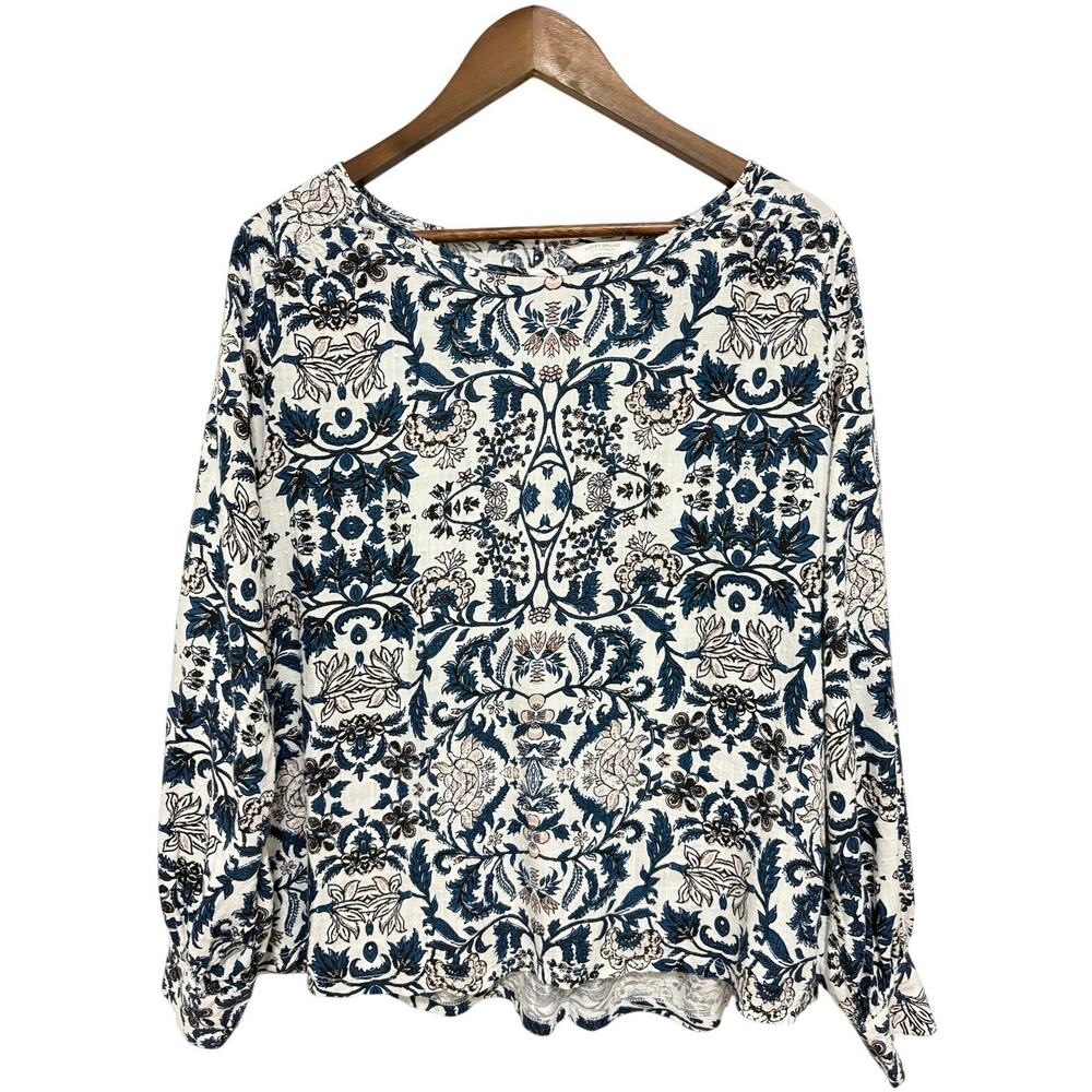 Lucky Brand Womens L Blue Floral Boho Blouse Long Sleeve Peasant Top Viscose